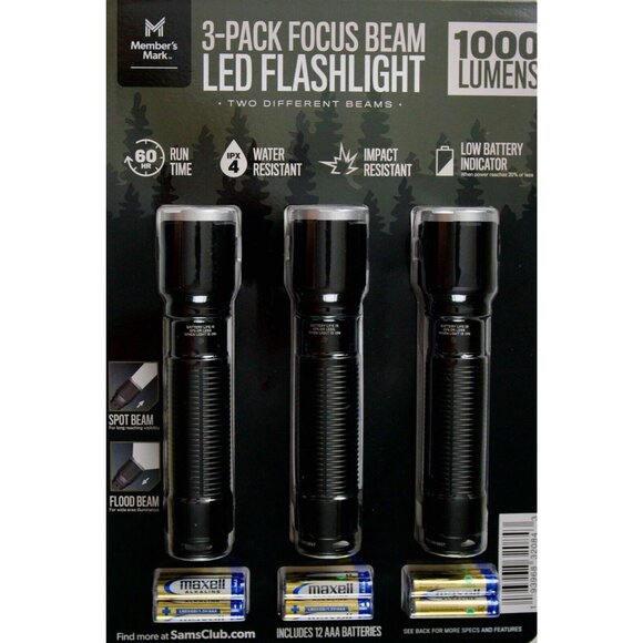 Member's Mark Other - Members Mark 3-Pack Focus Beam LED Flashlights 1000 Lumens IPX4 Spot Flood 60 Hr